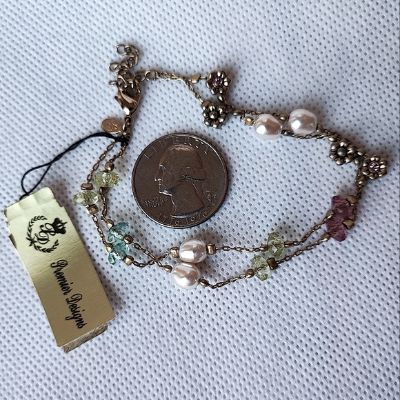 Premier Designs Brand Dual Chain Bracelet Gold Tone Glass Pearls Punk Green NWT - Picture 3 of 9